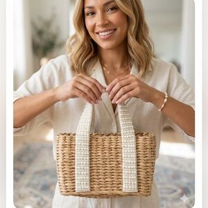 Isaac Mizrahi Woven Straw Tote with Pearl-Studded Cream Straps